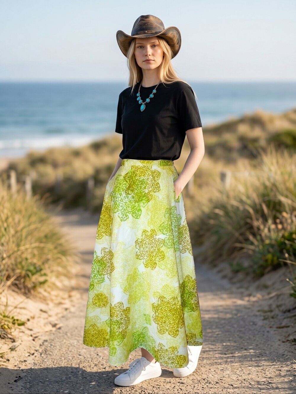 Coldwater Creek Chartreuse Green Bohemian Maxi Skirt